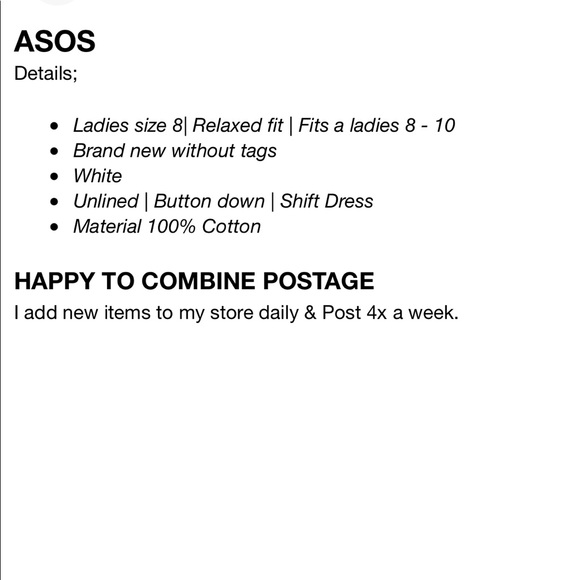 ASOS Womens White Button Down Shift Dress Cotton Size 8 - 10 Brand New - Picture 8 of 8